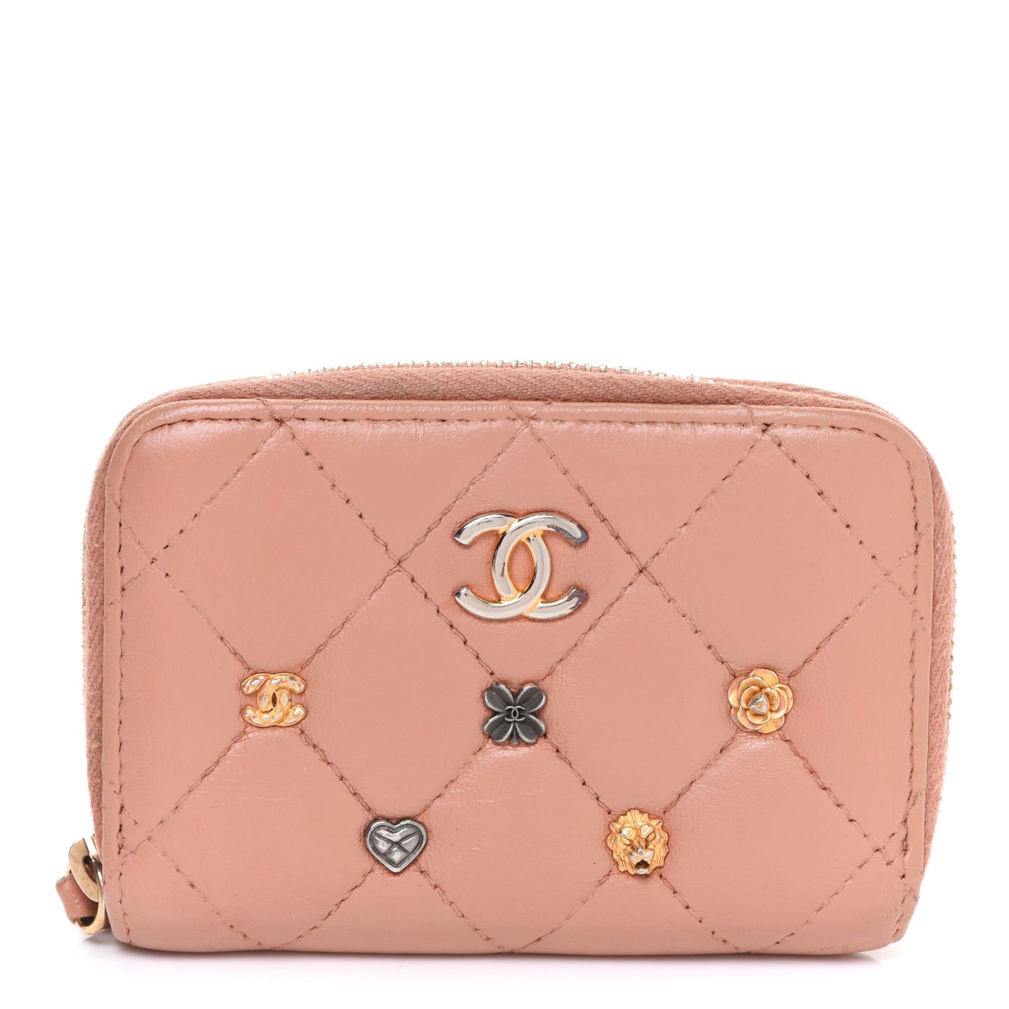 Lambskin Lucky Charms Zip Coin Purse Dark Beige