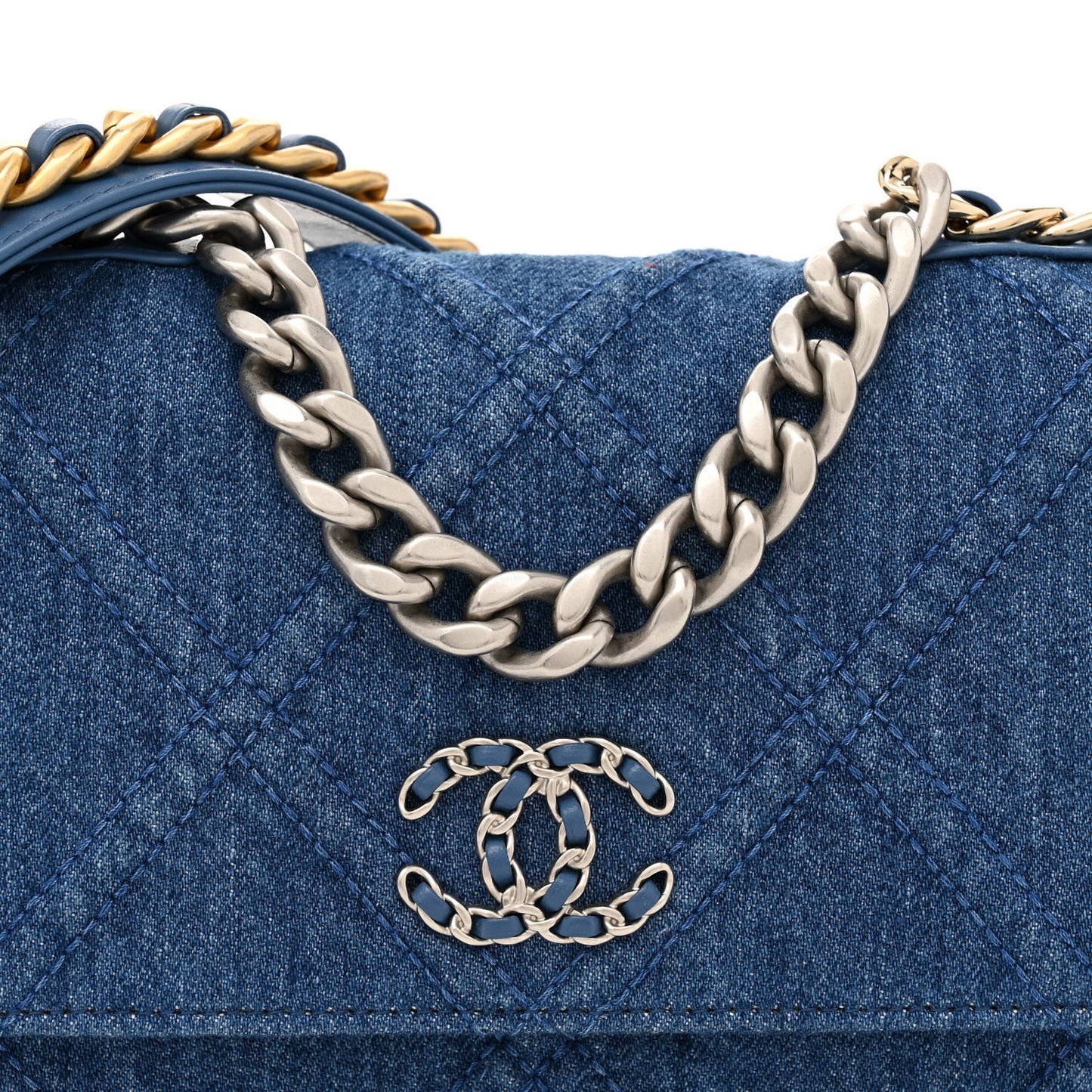 Denim Quilted Chanel 19 Wallet On Chain WOC Blue