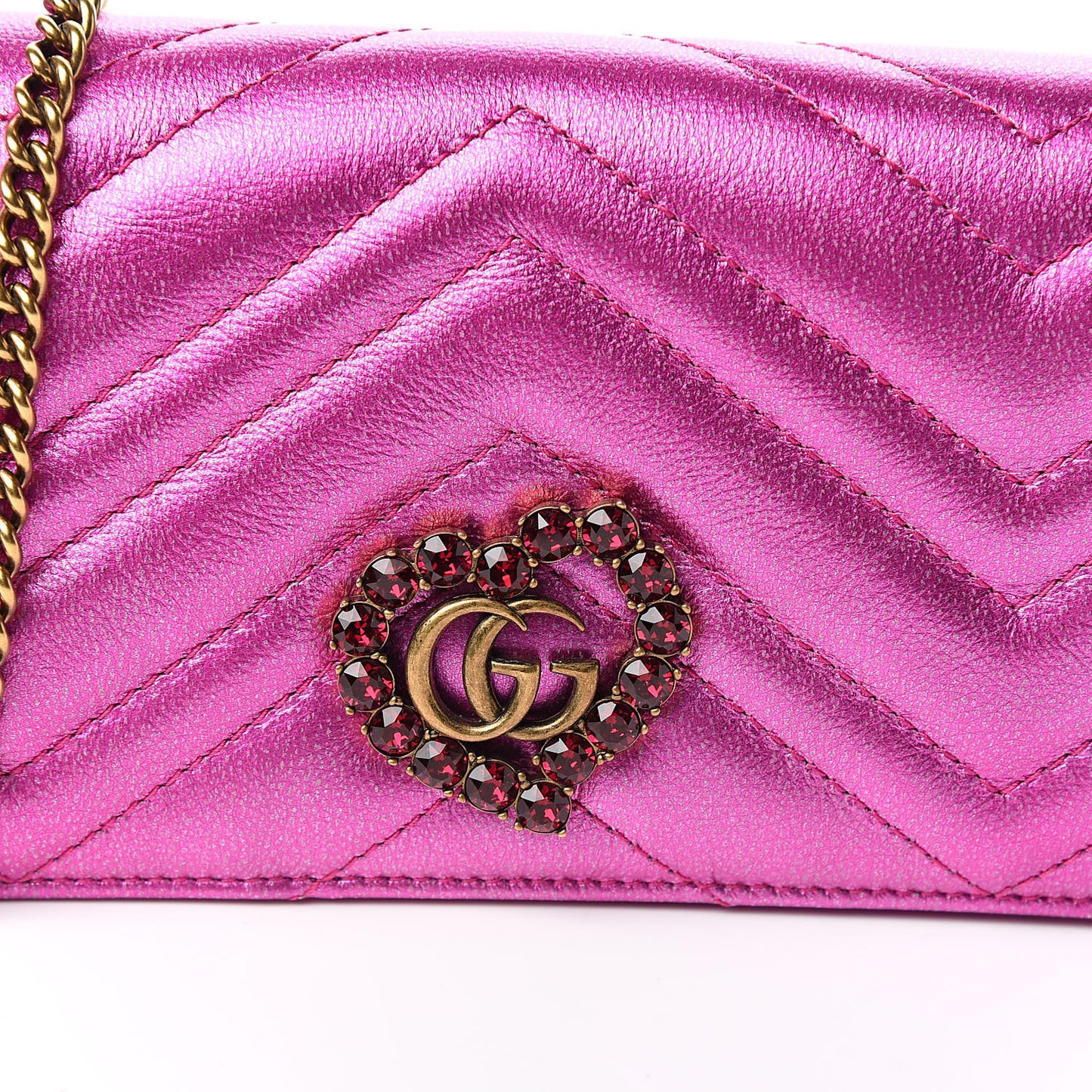 Metallic Calfskin Matelasse Crystal GG Marmont Mini Bag Fuchsia