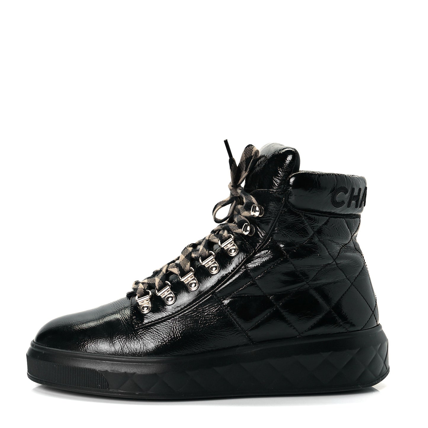 Patent Calfskin Quilted Womens High Top Sneakers 40 Black