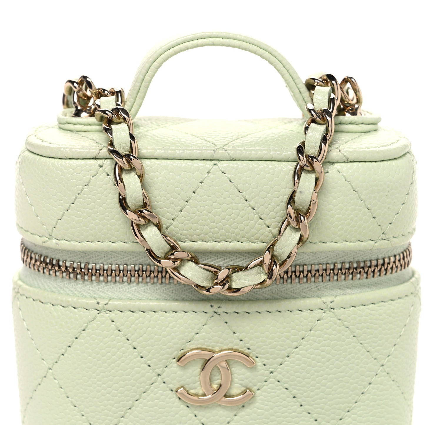 Caviar Quilted Small Handle With Care Vanity Case With Chain Light Green