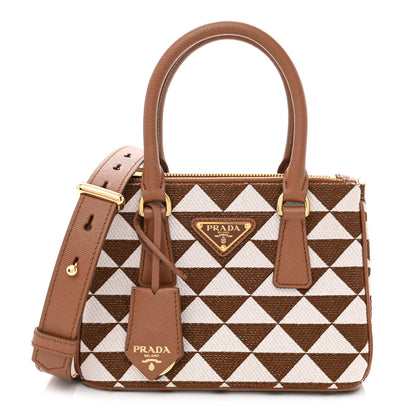 Prada Jacquard Saffiano Triangolo Symbole Embroidered Mini Galleria Double Zip Tote Tabacco Talco 1 of 12