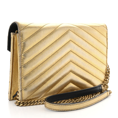 Saint Laurent Metallic Calfskin Matelasse Chevron Monogram Envelope Chain Wallet Antic Gold 3 of 14
