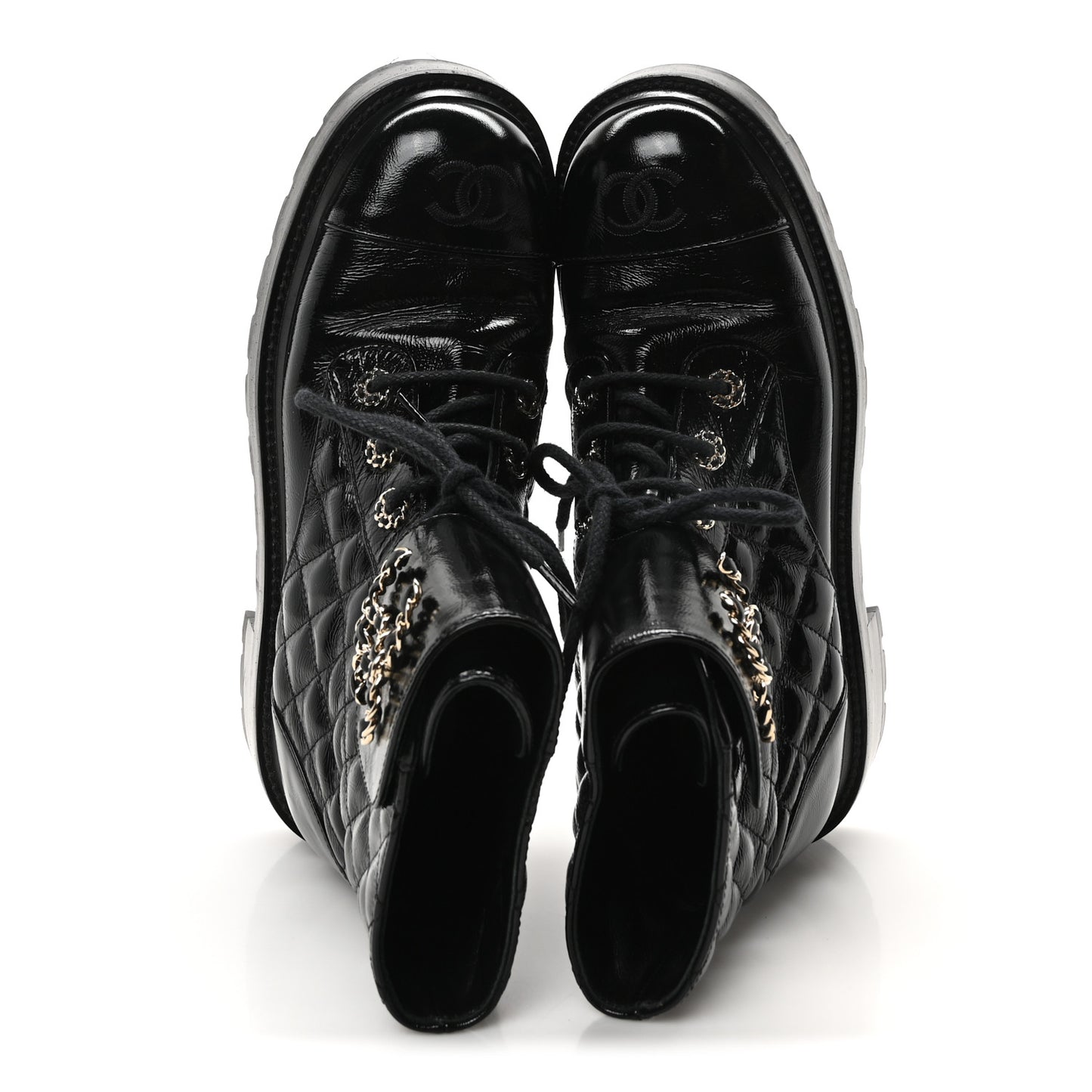 Shiny Calfskin Quilted Lace Up Combat Boots 39 Black