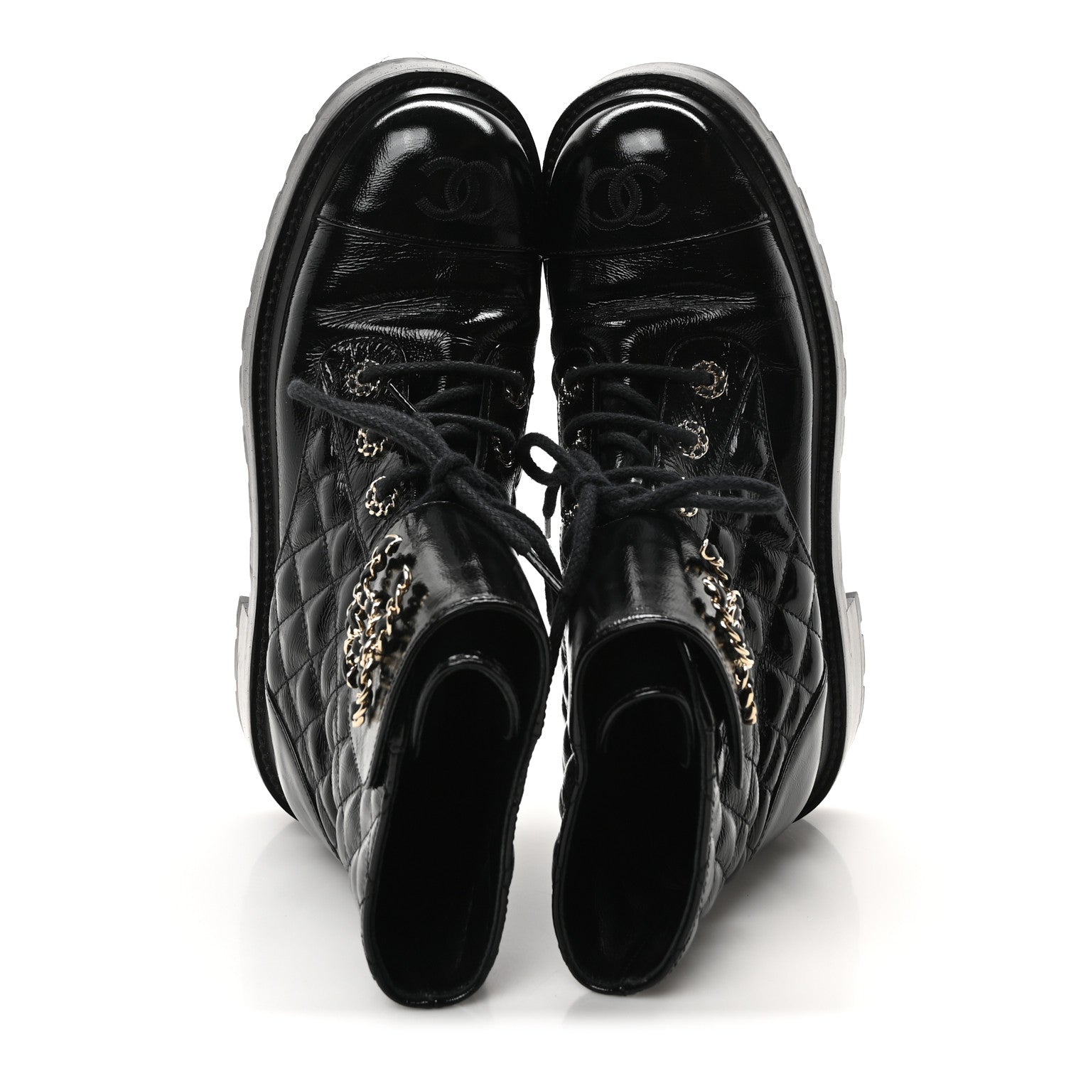 Chanel Shiny Calfskin Quilted Lace Up Combat Boots 39 Black 2 of 9