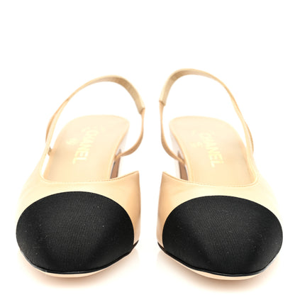Chanel Goatskin Grosgrain Cap Toe CC Slingback Pumps 40.5 Beige Black 3 of 8