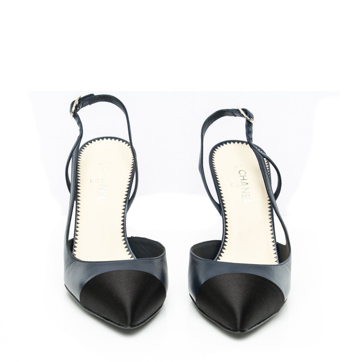 Lambskin Satin Cap Toe CC Slingback Heels 38 Navy Black