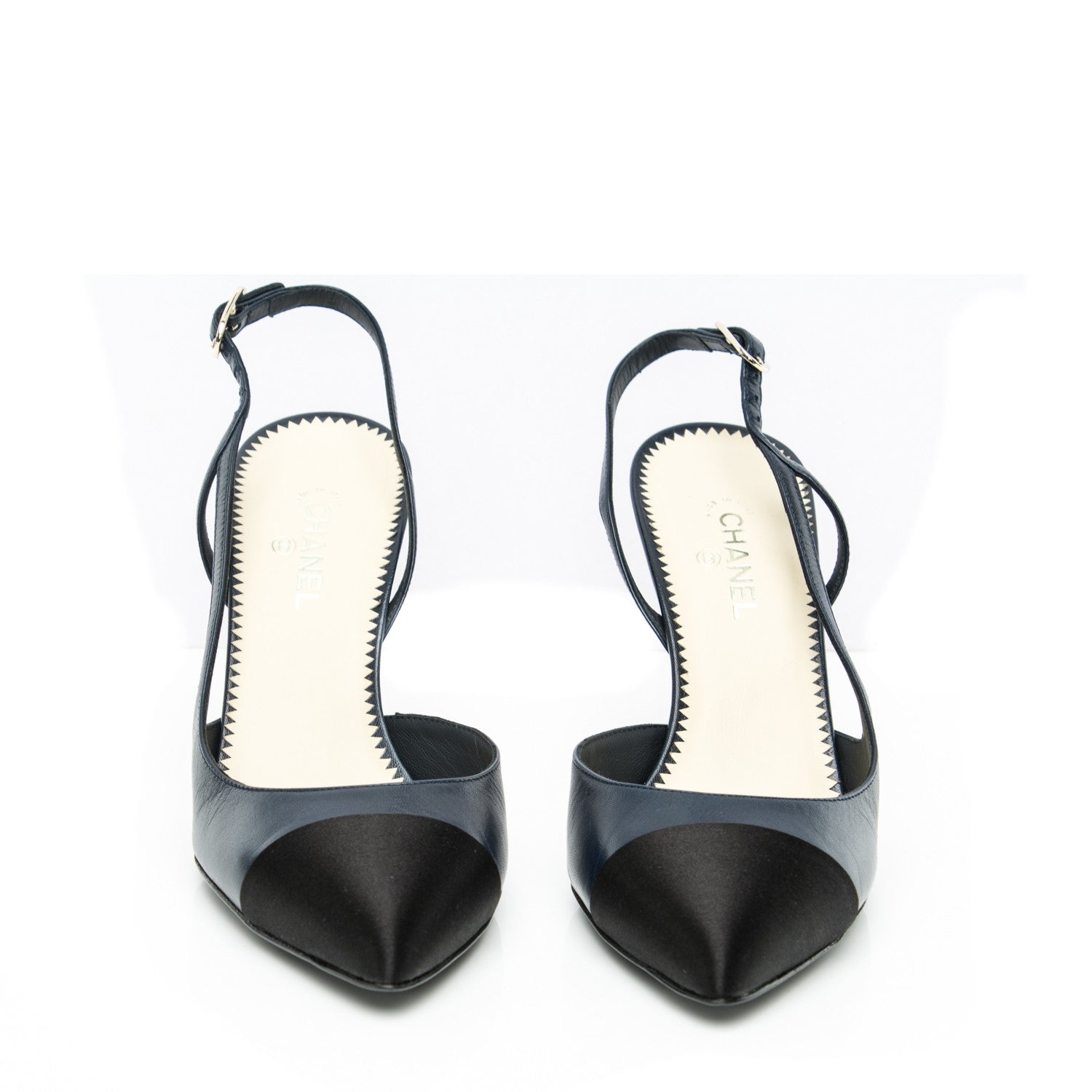 Chanel Lambskin Satin Cap Toe CC Slingback Heels 38 Navy Black 2 of 7