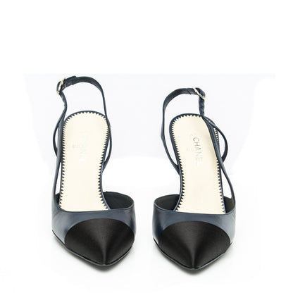 Chanel Lambskin Satin Cap Toe CC Slingback Heels 38 Navy Black 2 of 7