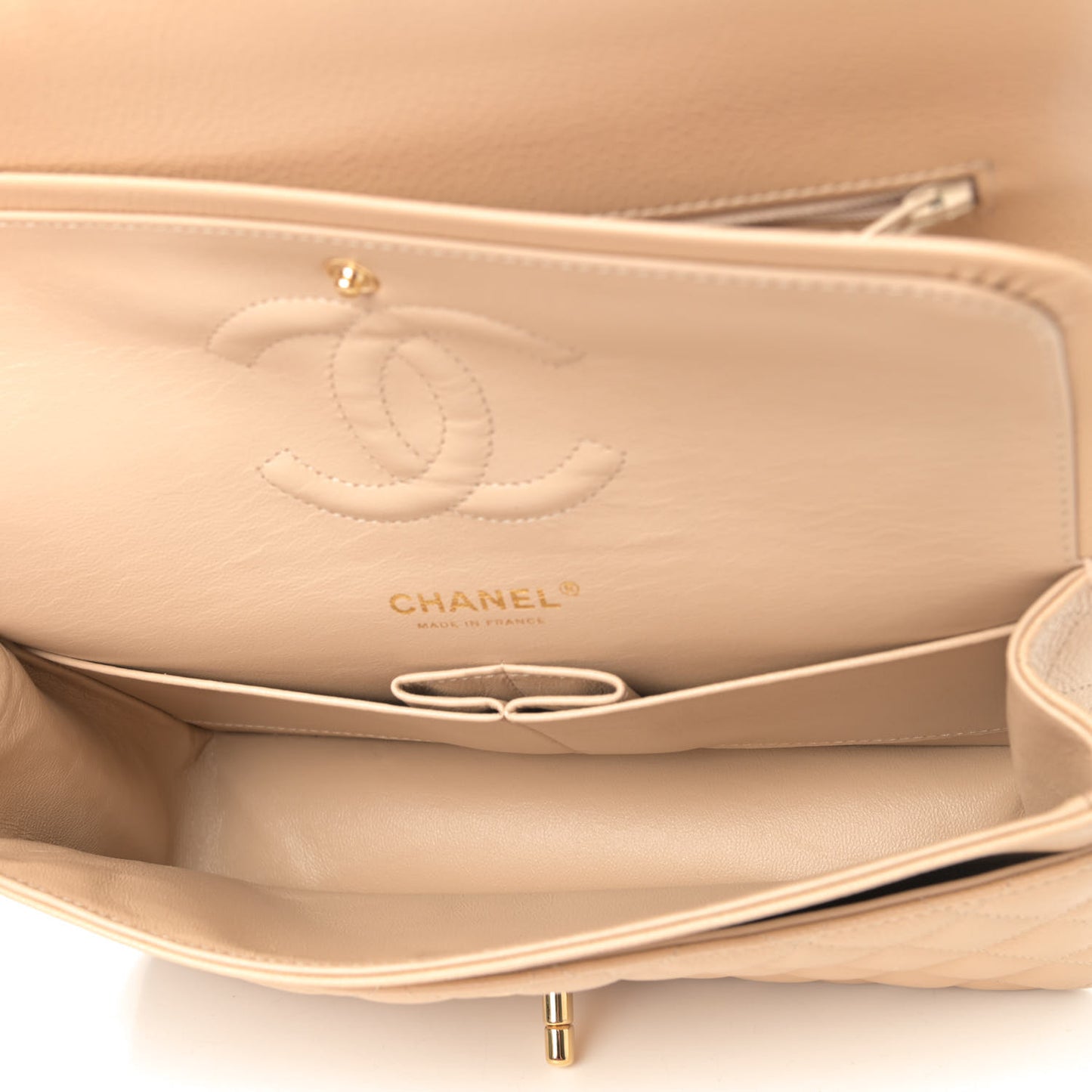 Caviar Quilted Medium Double Flap Beige