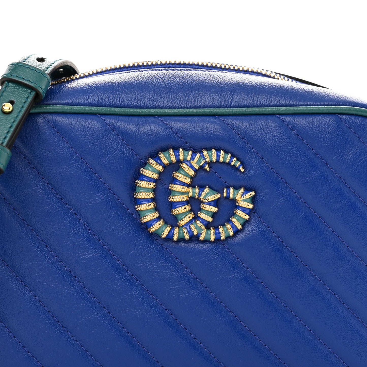 Azalea Calfskin Enamel Matelasse Diagonal Small Torchon GG Marmont Chain Shoulder Bag Imperial Blue Pavone