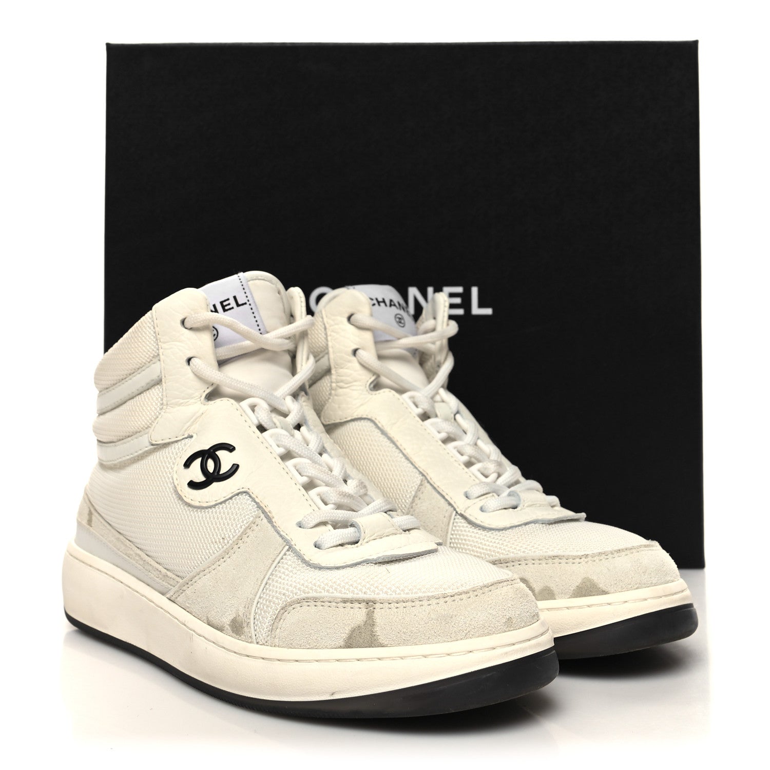 Chanel Suede Fabric Grained Calfskin Womens CC High Top Sneakers 37 White 11 of 11
