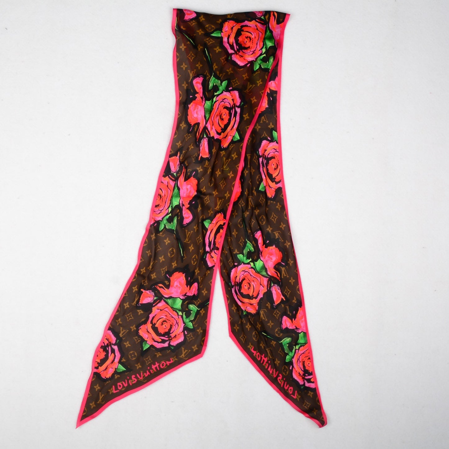 Silk Monogram Roses Scarf Marron