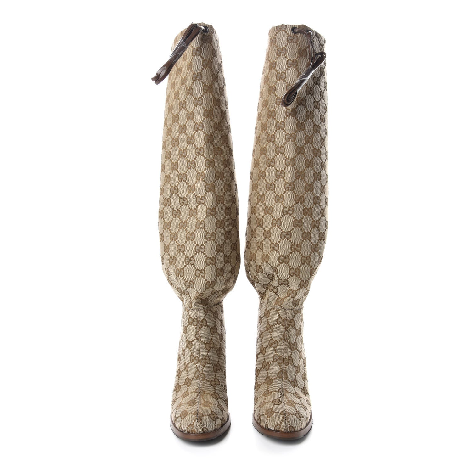 Gucci Monogram Malaga Kid Lisa Mid Heel Boots 37.5 Beige Ebony 2 of 9