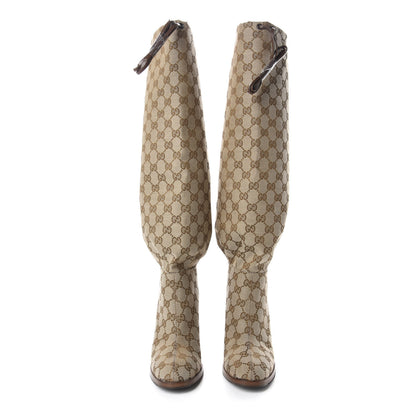 Gucci Monogram Malaga Kid Lisa Mid Heel Boots 37.5 Beige Ebony 2 of 9