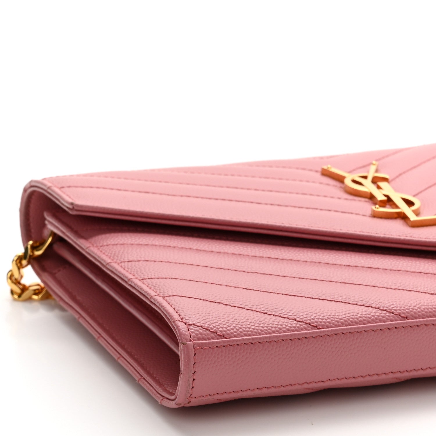 Saint Laurent Grain De Poudre Matelasse Chevron Monogram Chain Wallet Tender Pink 9 of 11
