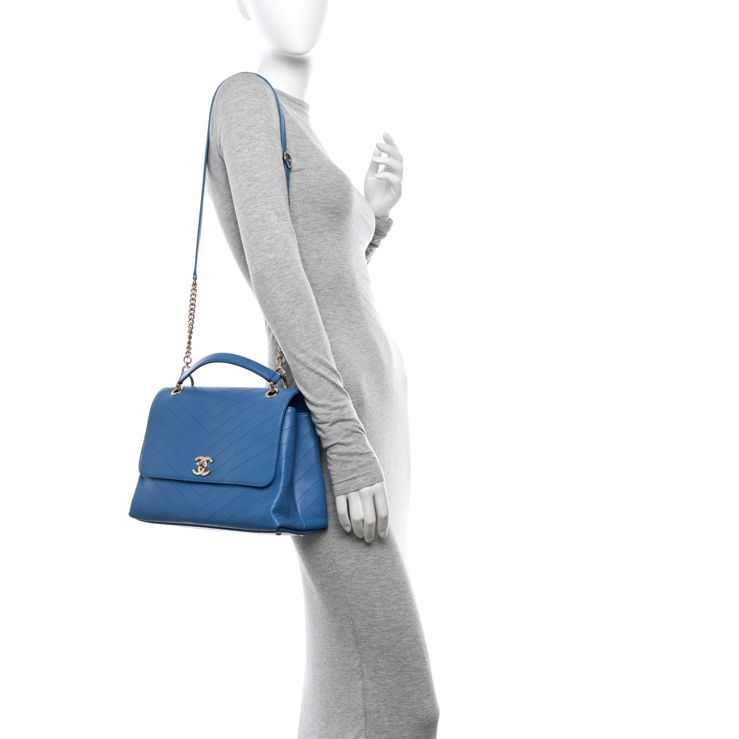 Chanel Grained Calfskin Medium Chevron Chic Top Handle Flap Blue 2 of 12