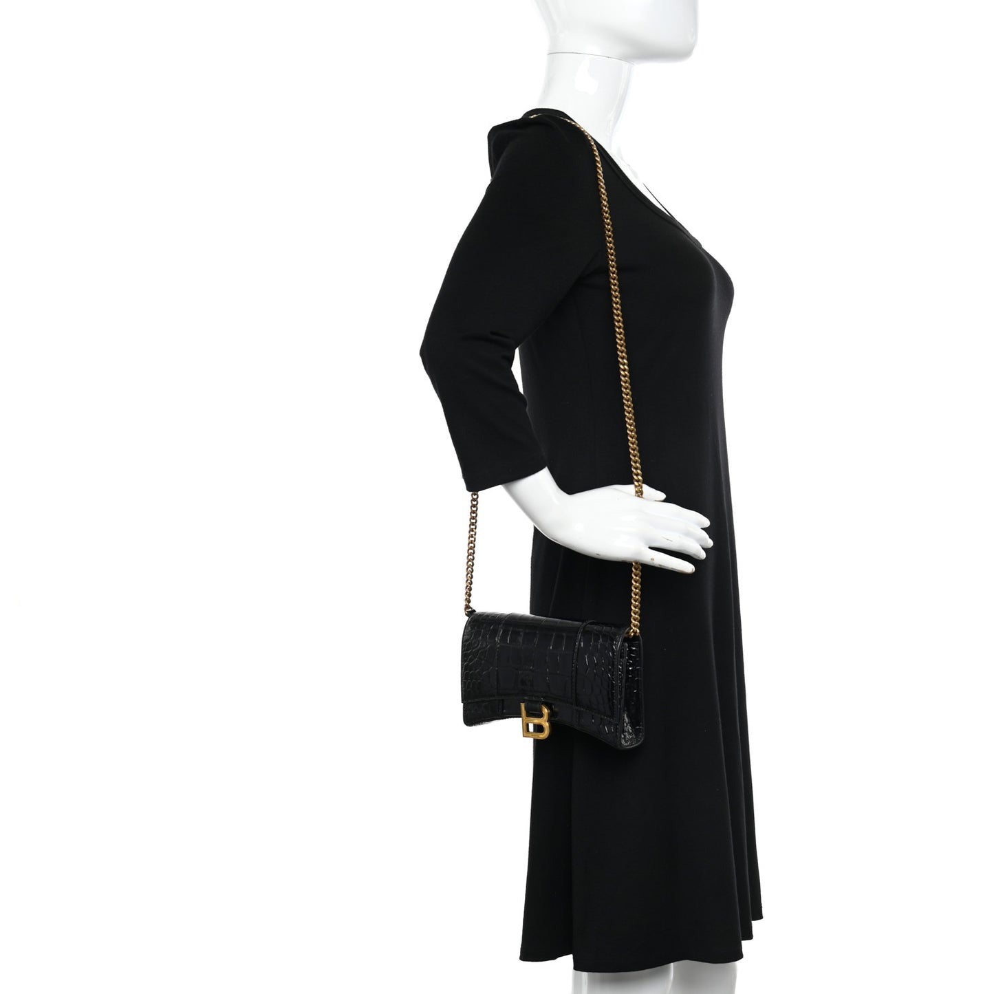 Shiny Calfskin Crocodile Embossed Hourglass Chain Bag Black