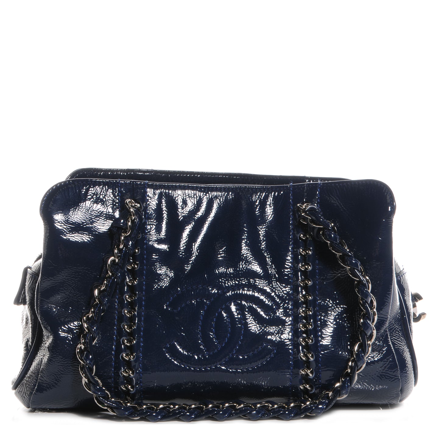Patent Luxe Ligne Medium Tote Navy
