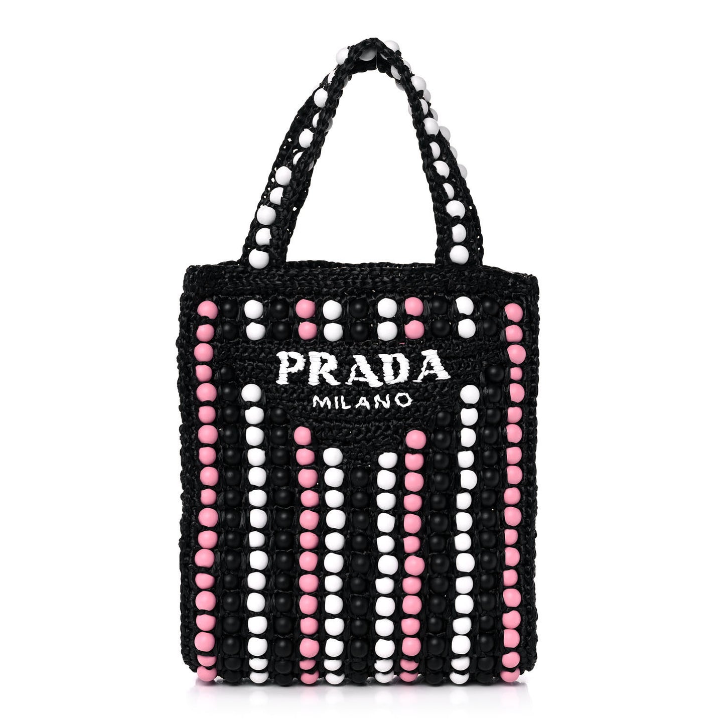 Raffia Wood Bead Embroidered Logo Tote Bag Black