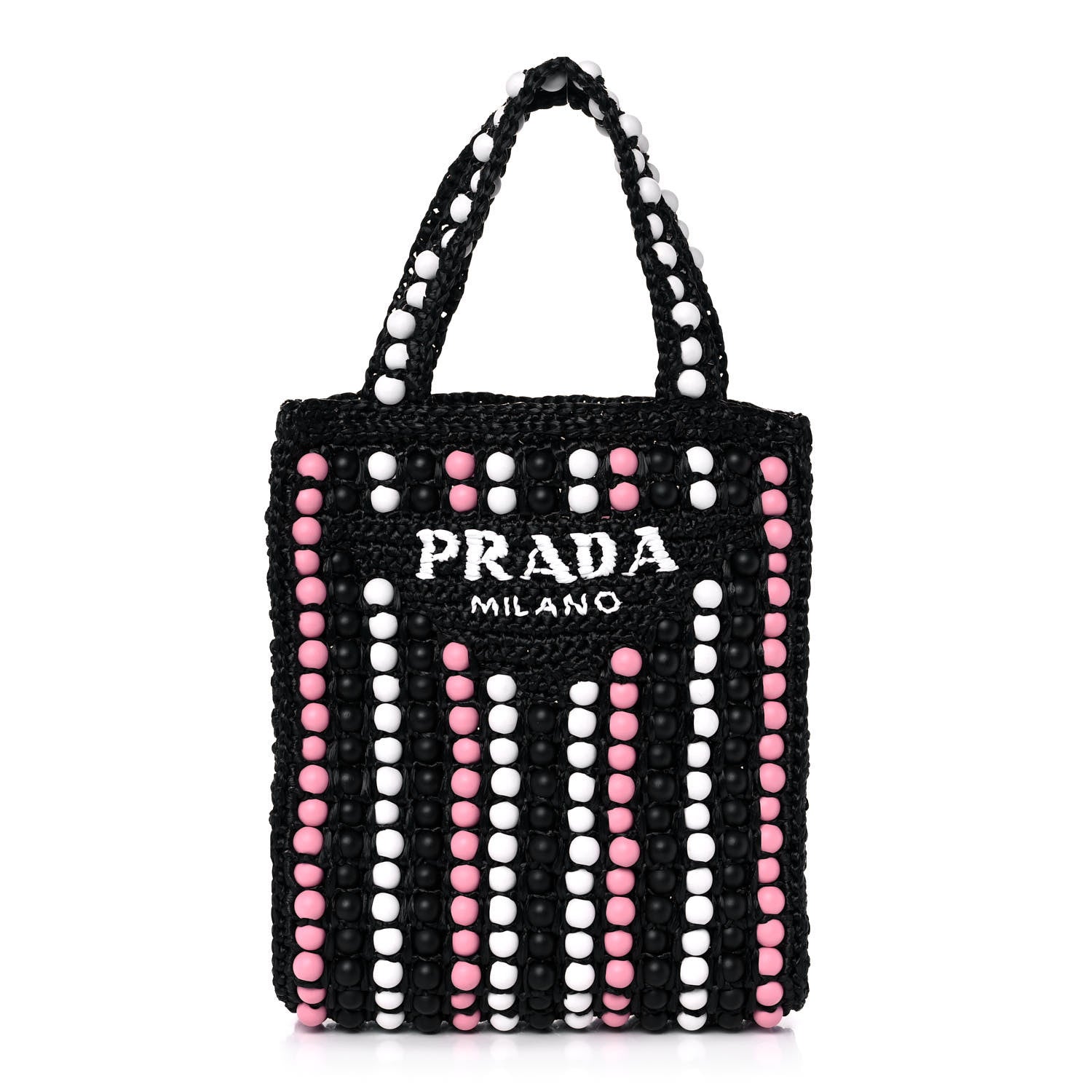 Prada Raffia Wood Bead Embroidered Logo Tote Bag Black 1 of 10