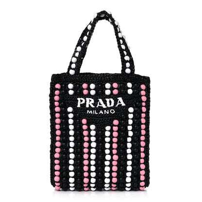 Prada Raffia Wood Bead Embroidered Logo Tote Bag Black 1 of 10