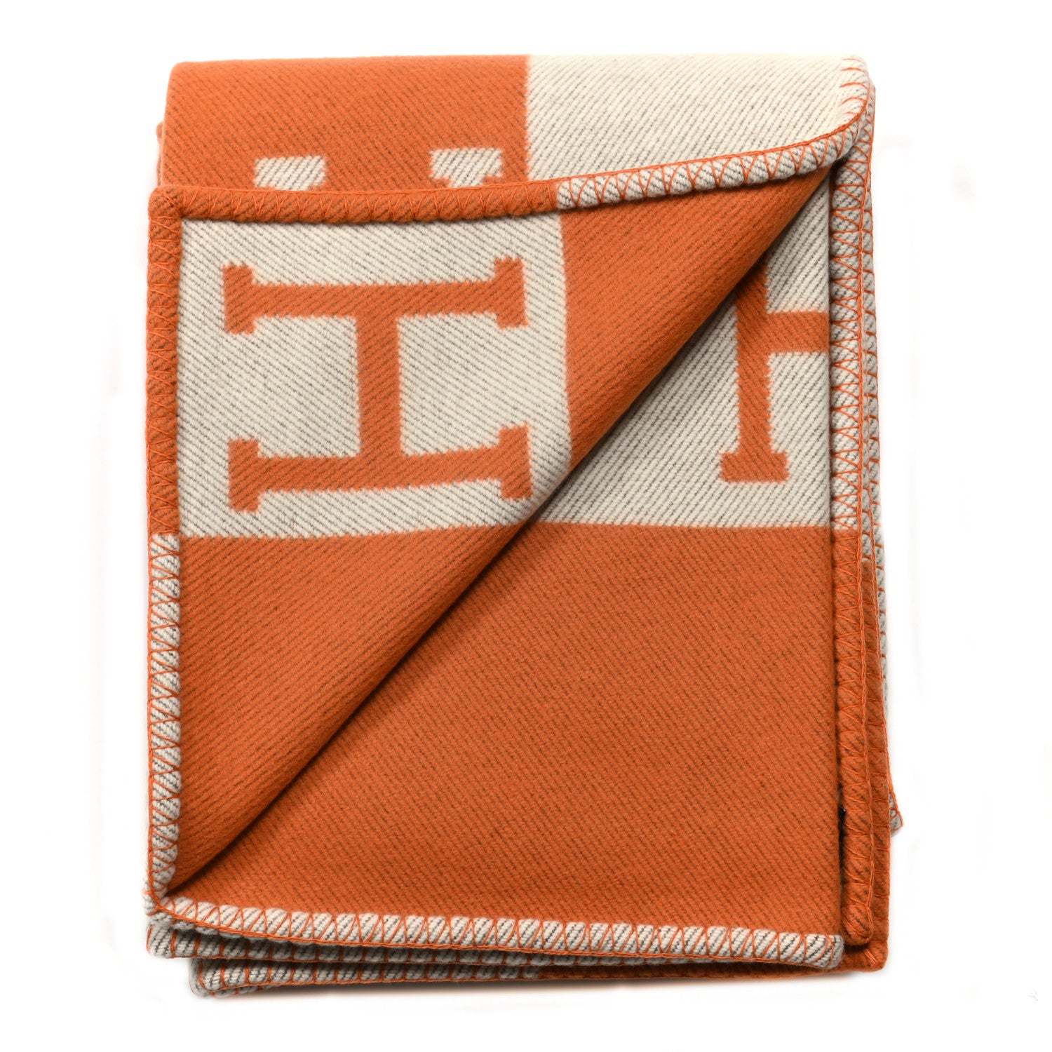 Hermes Wool Cashmere Signature Classic Avalon Blanket Ecru Potiron 2 of 3