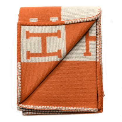 Hermes Wool Cashmere Signature Classic Avalon Blanket Ecru Potiron 2 of 3