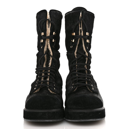 Chanel Suede Pony Hair Shearling Lace Up Combat Boots 40 Black 3 of 12