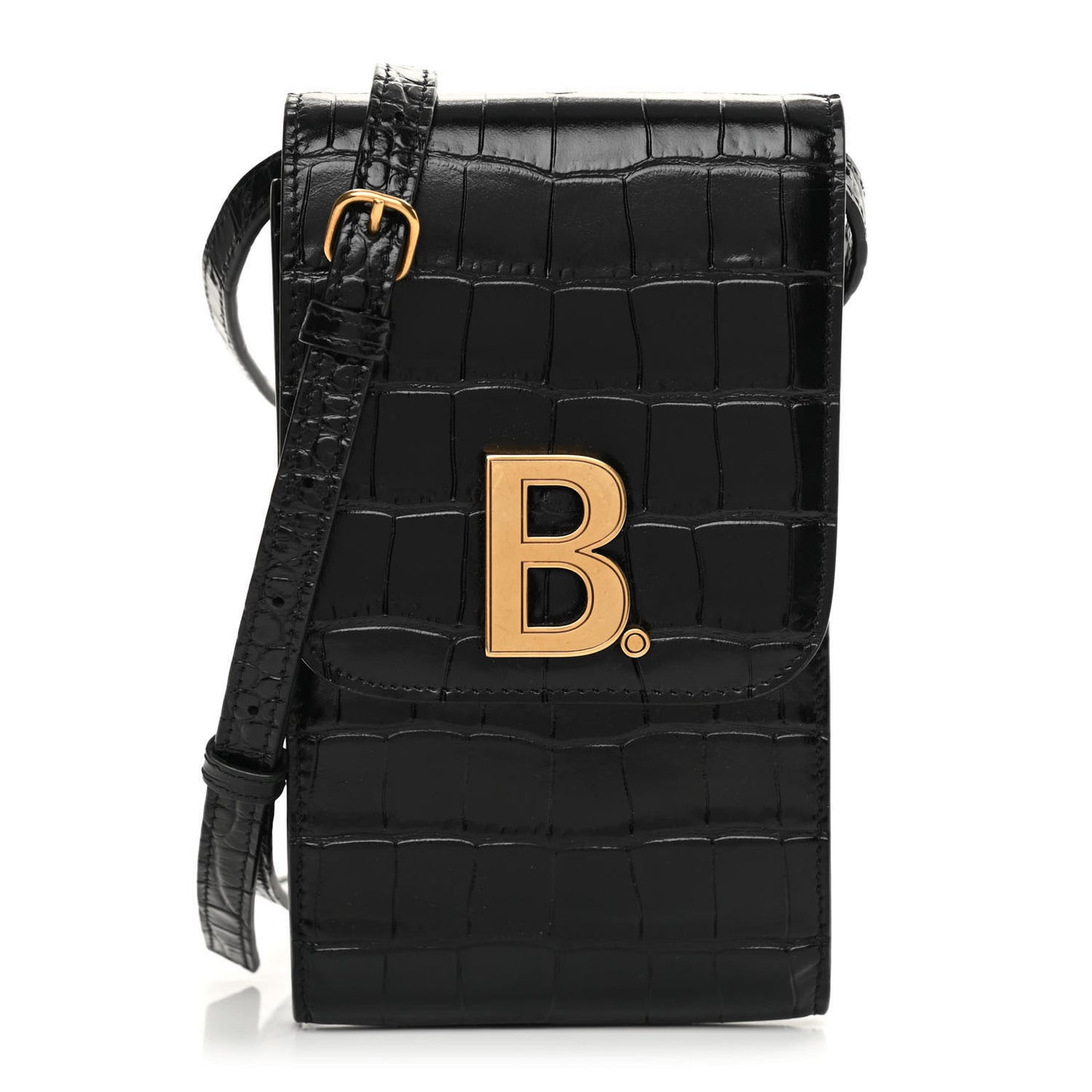 Shiny Calfskin Crocodile Embossed B Phone Holder Black