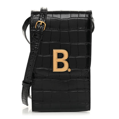 Balenciaga Shiny Calfskin Crocodile Embossed B Phone Holder Black 1 of 11