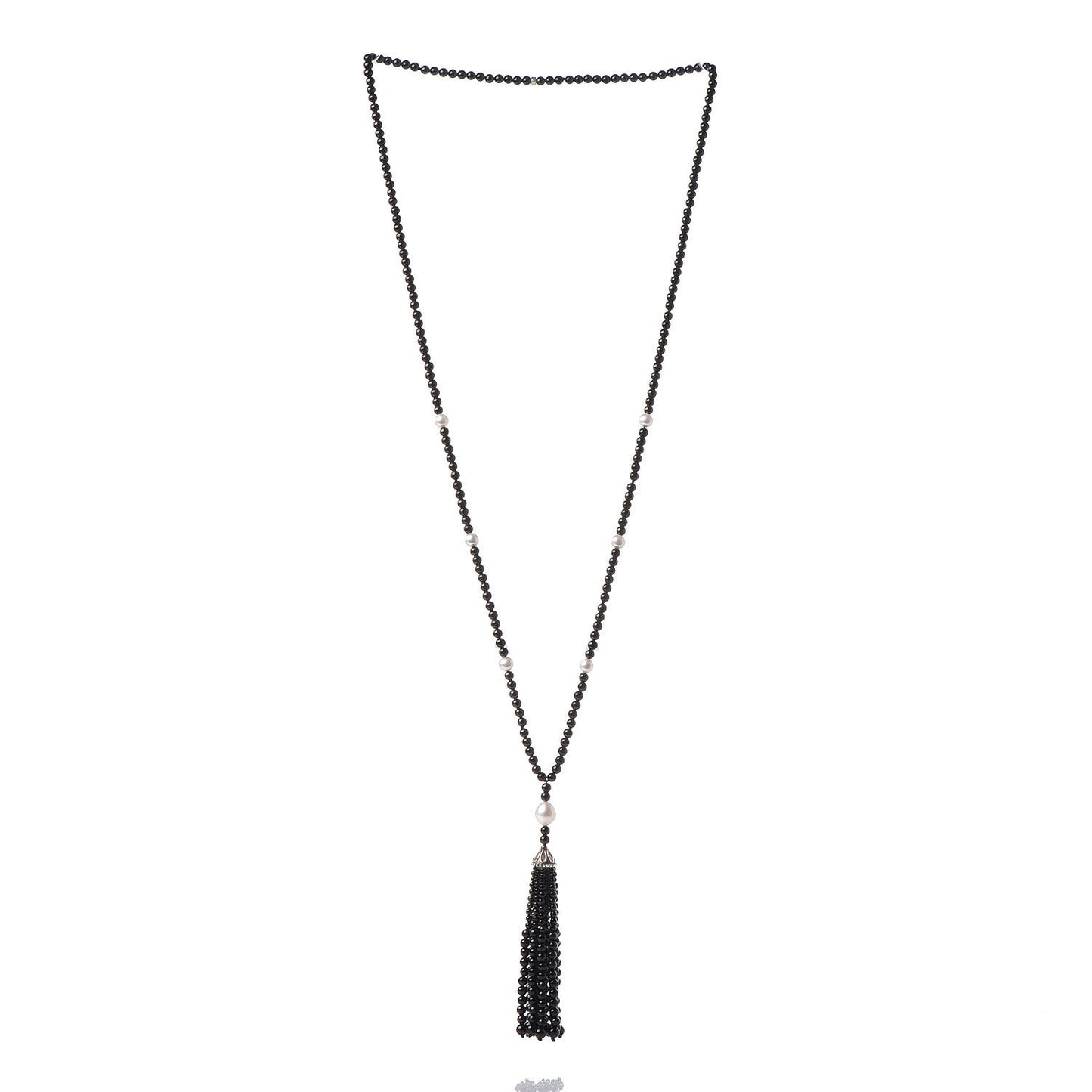 Sterling Silver Black Onyx Freshwater Pearl Ziegfeld Tassel Necklace
