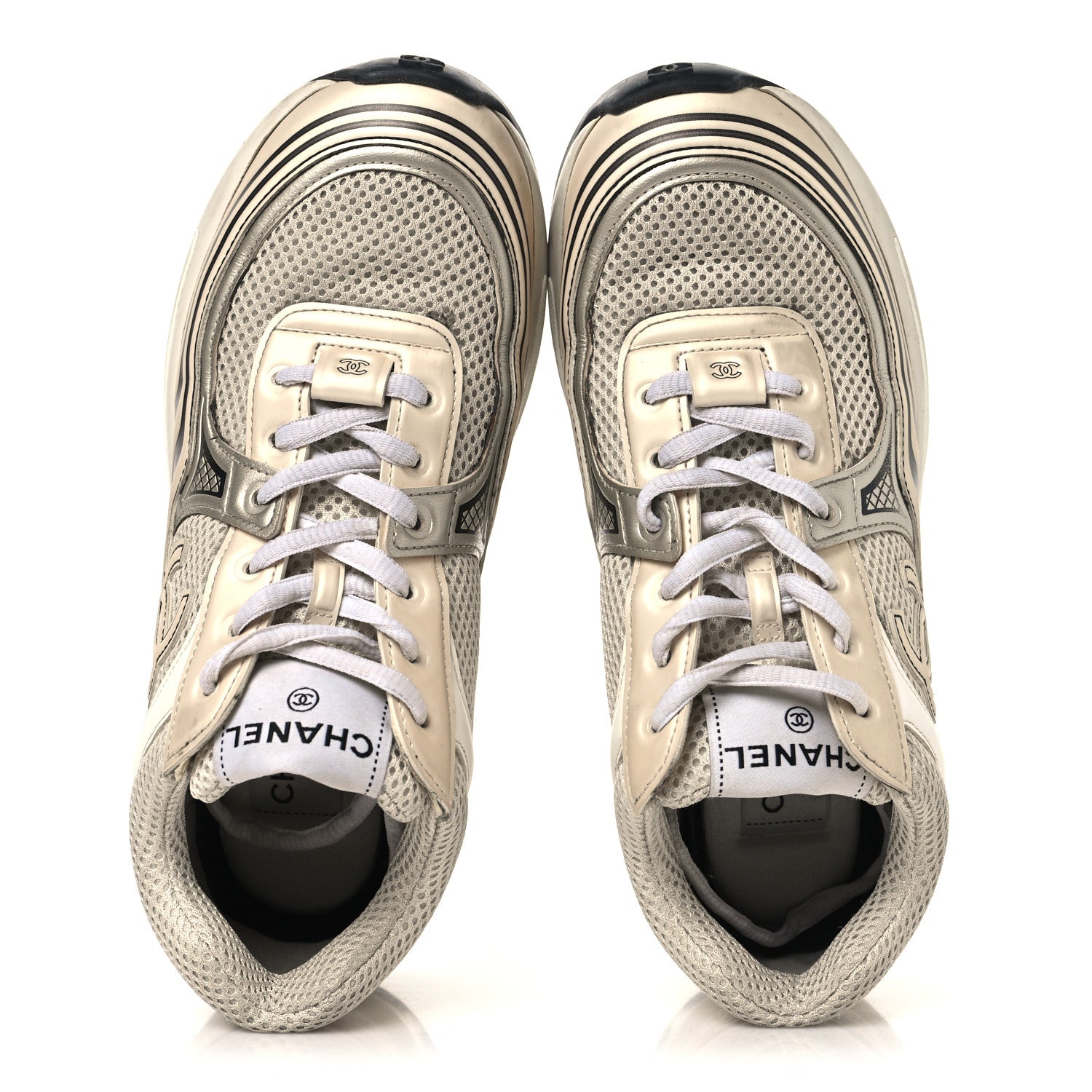 Chanel Fabric Laminated Calfskin Stretch CC Womens Sneakers 37 Ivory White Silver 2 of 9