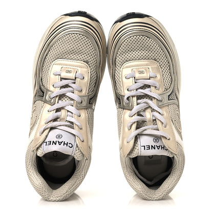Chanel Fabric Laminated Calfskin Stretch CC Womens Sneakers 37 Ivory White Silver 2 of 9