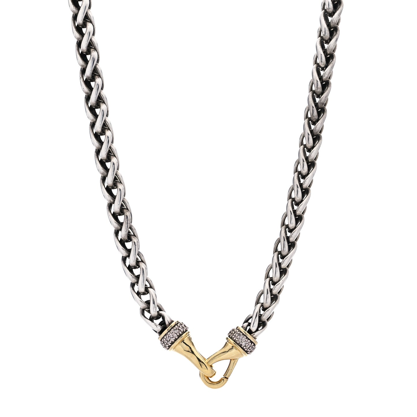 Sterling Silver 18K Yellow Gold Diamond 8mm Wheat Chain Necklace