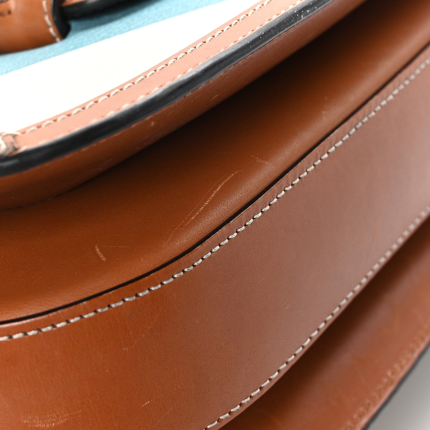 X DANS LE VERT Textured Dollar Calfskin Horsebit 1955 Shoulder Bag Dusty Azure Harness Brown Mystic White