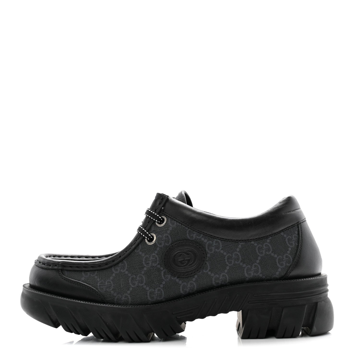 Gucci GG Supreme Monogram Quebec Calfskin Retro Interlocking G Mens Platform Derby Loafers 8.5 Black 1 of 11