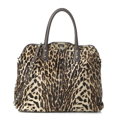 Valentino Garavani Calf Hair Cavallino Animal Rockstud Dome Satchel Leopard 1 of 9
