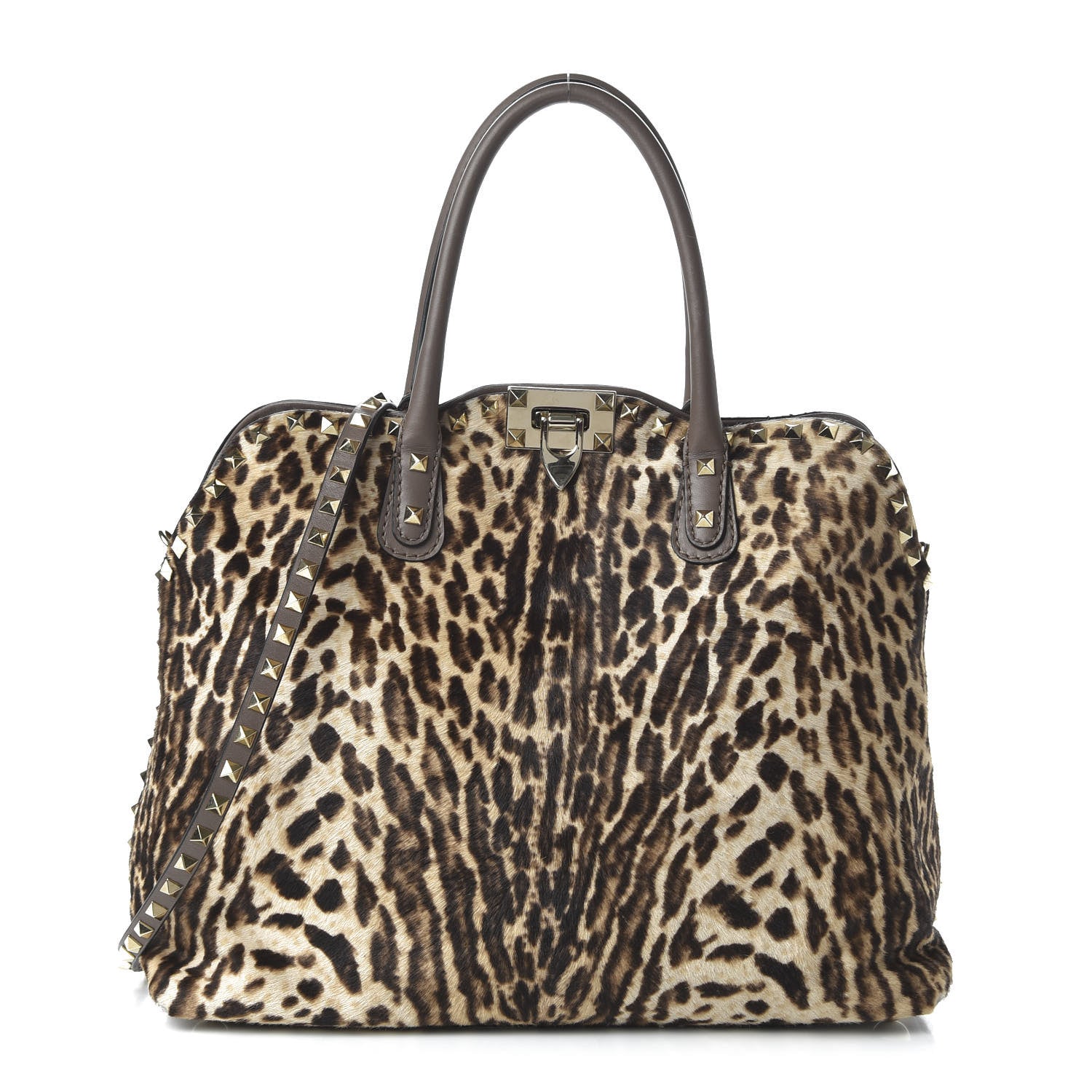 Valentino Garavani Calf Hair Cavallino Animal Rockstud Dome Satchel Leopard 1 of 9