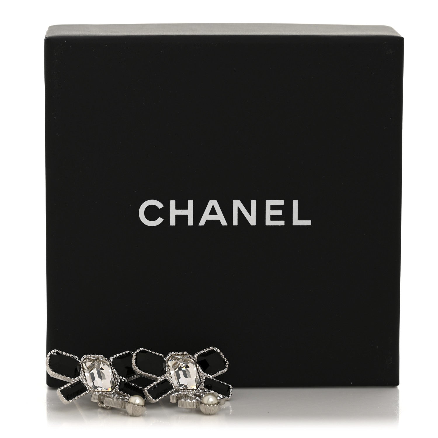 Chanel Crystal CC Bow Drop Earrings Silver Black 1868519