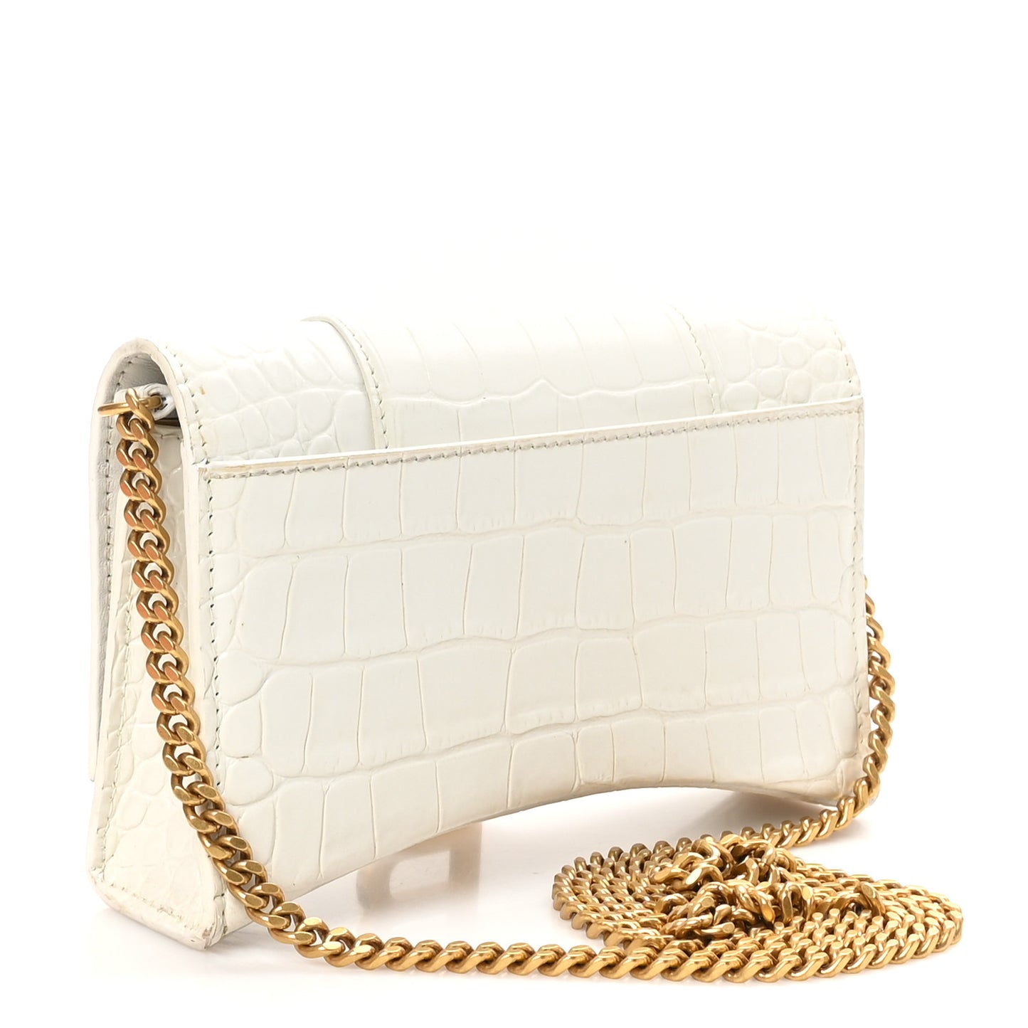 Shiny Calfskin Crocodile Embossed Hourglass Chain Bag White