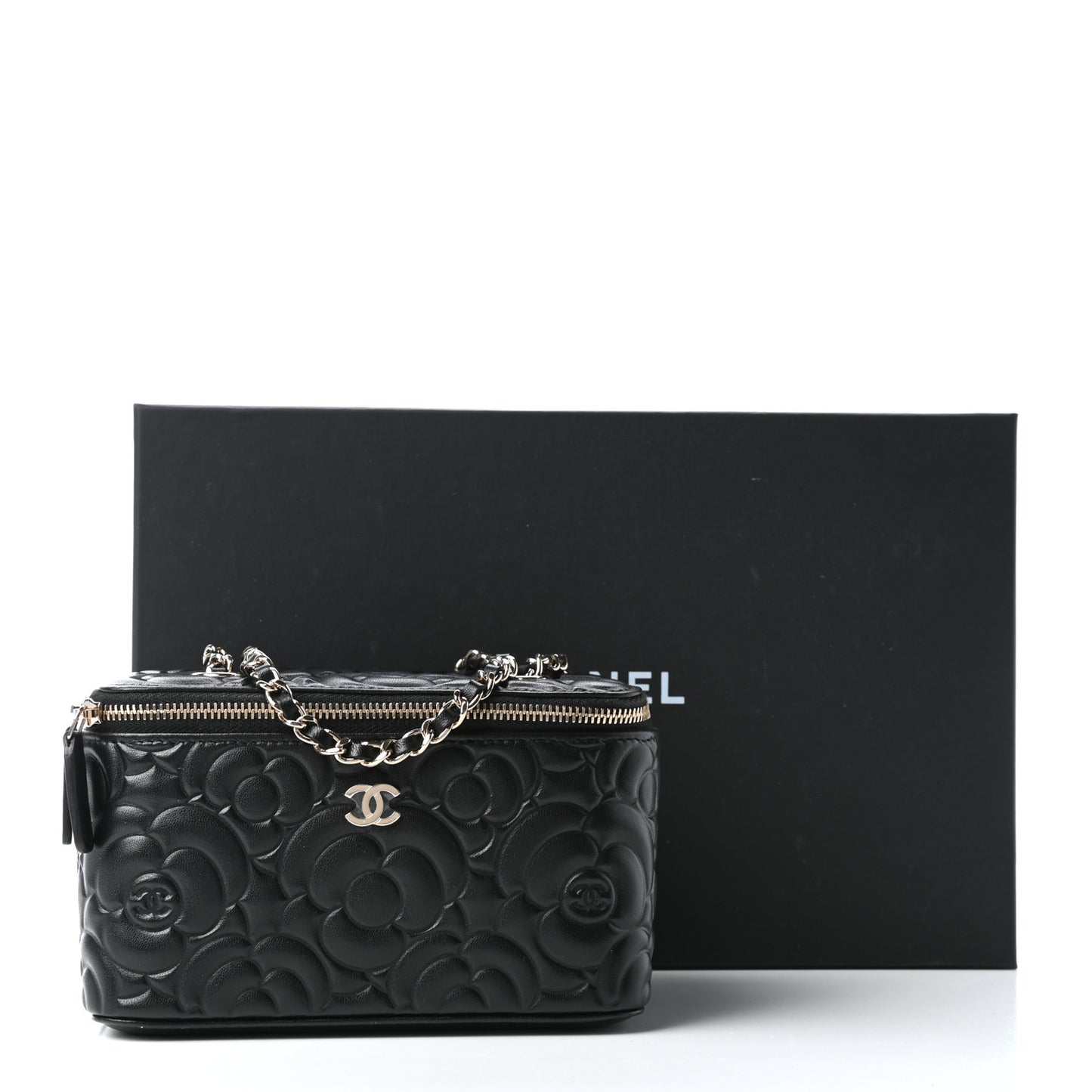 Lambskin Camellia Embossed Small Vanity Case With Chain Black