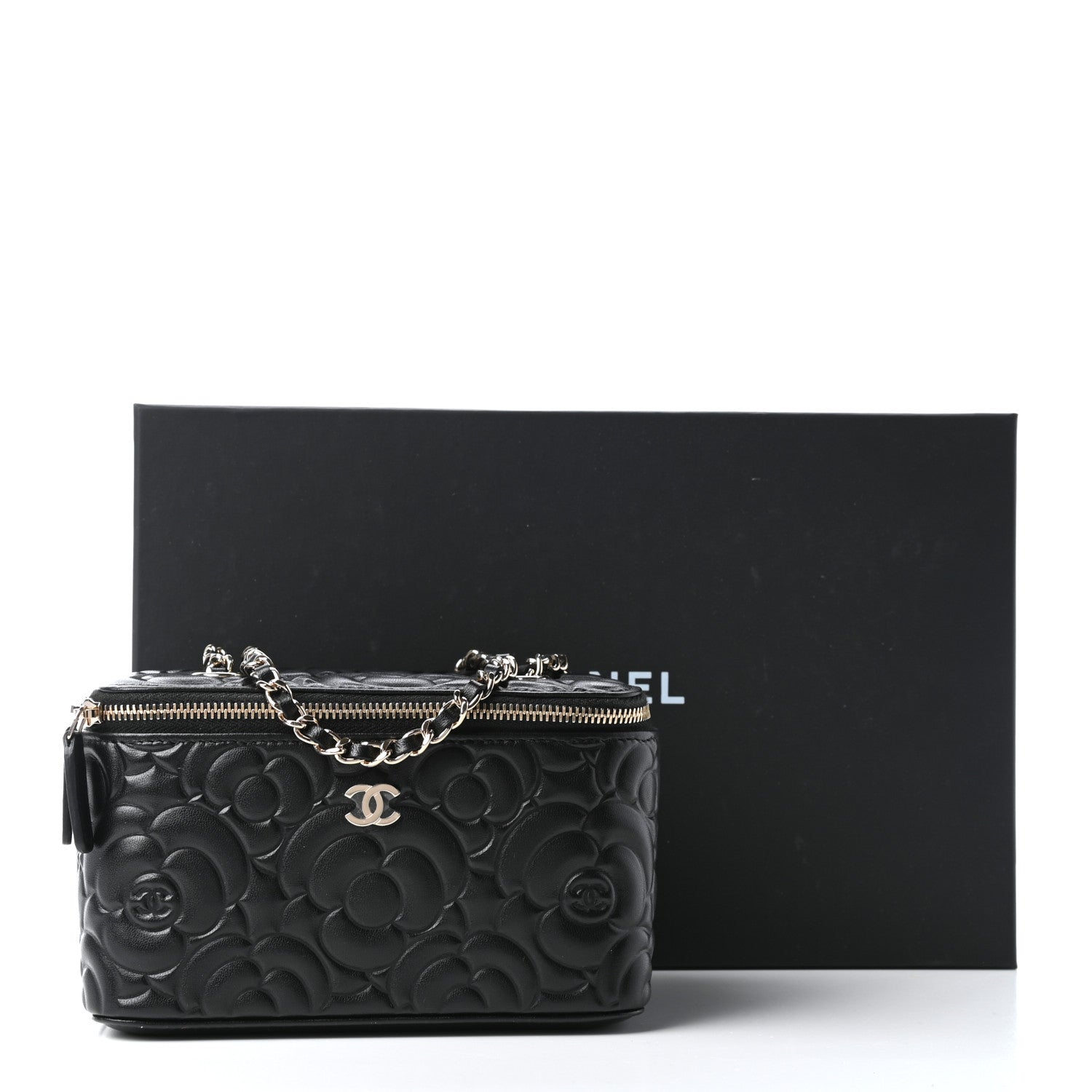 Chanel Lambskin Camellia Embossed Small Vanity Case With Chain Black 11 of 11