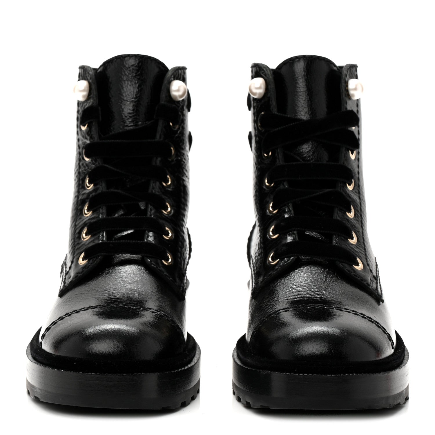 Chanel Shiny Calfskin Velvet Pearl Combat Short Boots 37 Black