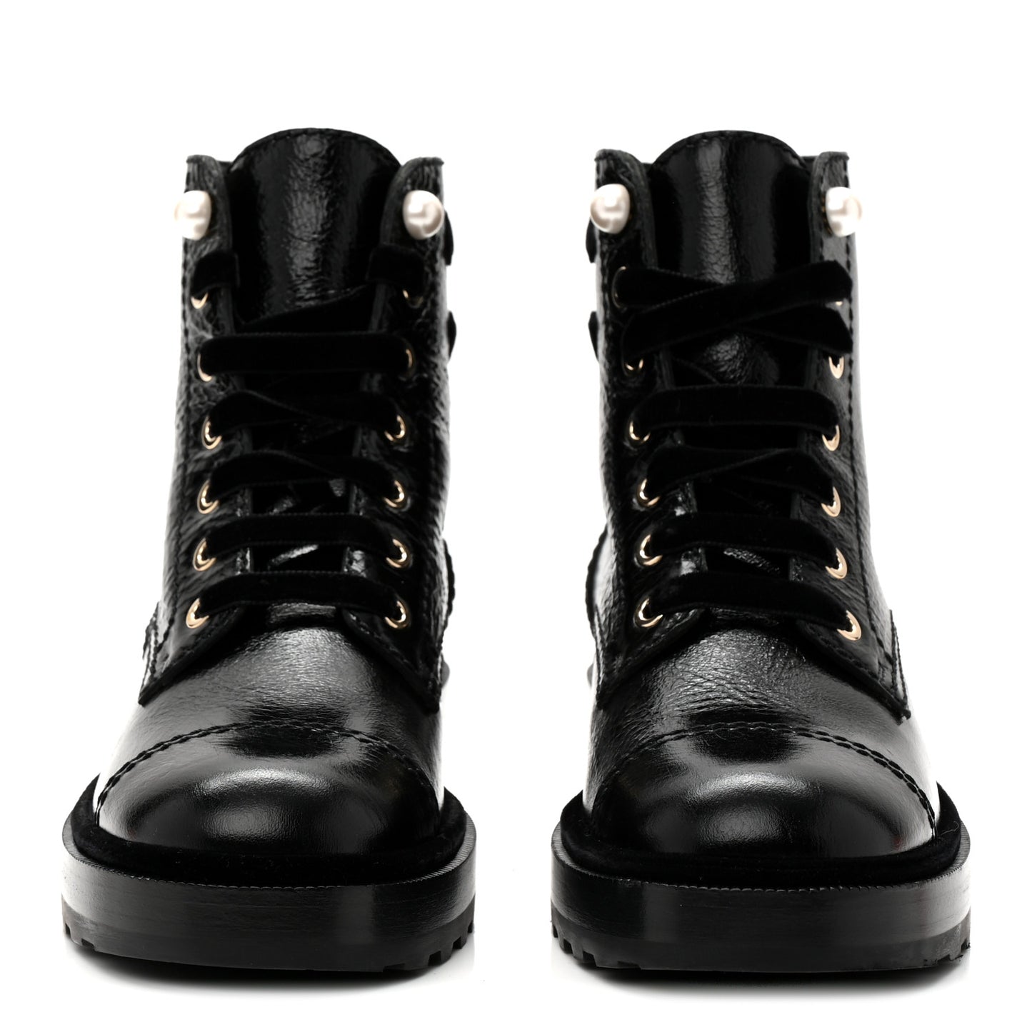 Shiny Calfskin Velvet Pearl Combat Short Boots 37 Black