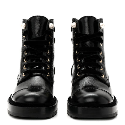 Chanel Shiny Calfskin Velvet Pearl Combat Short Boots 37 Black 3 of 8