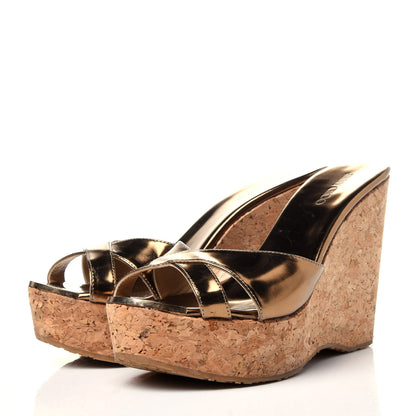 Jimmy Choo Metallic Patent Calfskin Cork Wedge Sandal 38 Bronze 3 of 11