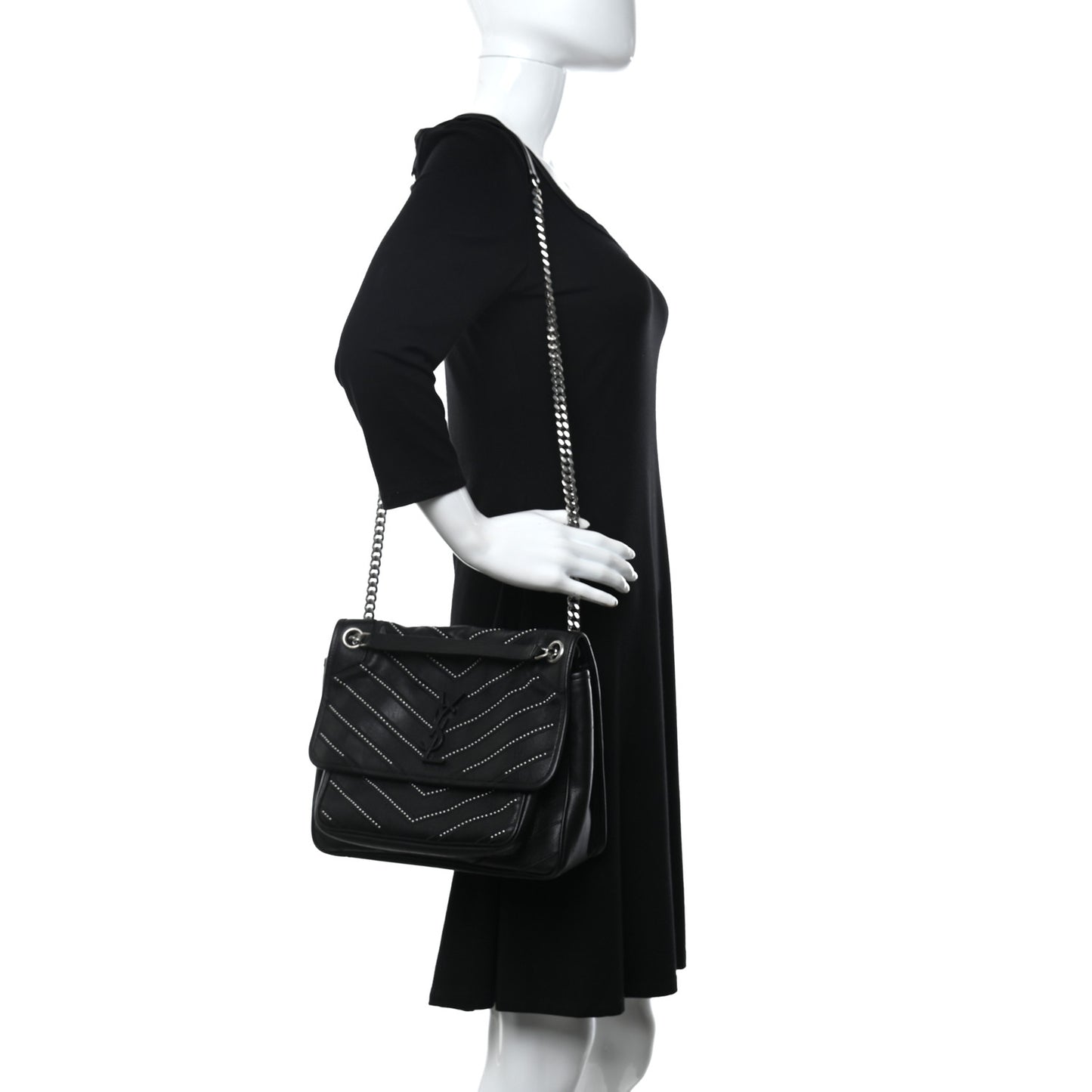 Calfskin Matelasse Monogram Microstud Medium Niki Chain Satchel Black