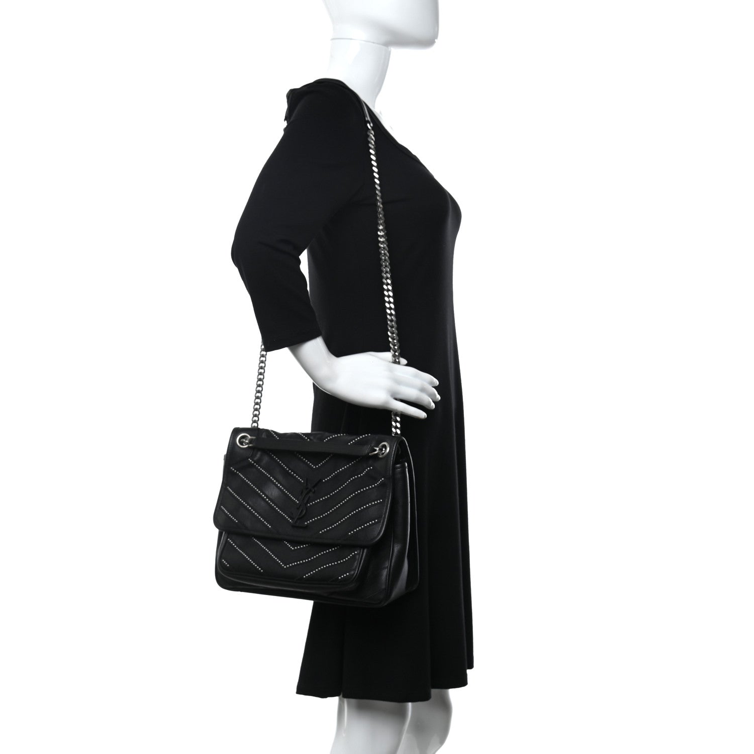 Saint Laurent Calfskin Matelasse Monogram Microstud Medium Niki Chain Satchel Black 2 of 11