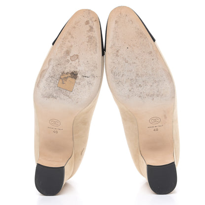 Chanel Suede Satin Cap Toe Low Heel Pumps 40 Beige Black 5 of 10